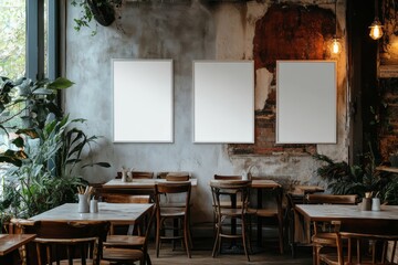 Rustic Cafe Interior with Blank Frames  Wooden Tables and Chairs  and Greenery