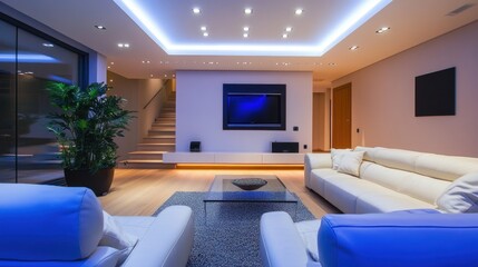Modern living room with sleek furniture and ambient lighting.