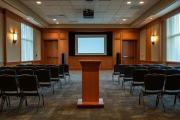 Empty Conference Room With Chairs  Podium  And Projector Screen