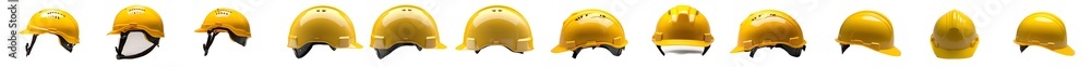 Poster a yellow construction hard hat from different angles is isolated on a transparent background.