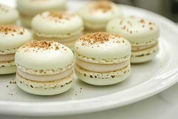 Fototapeta premium Delicate green tea macaroons with a creamy filling, elegantly displayed on a white plate at a gourmet dessert event. Generative AI