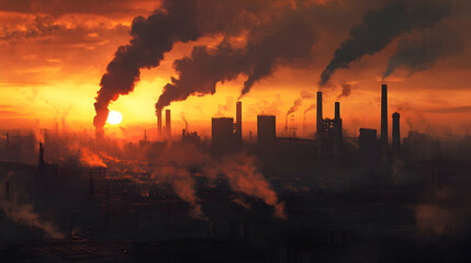 Obraz premium Smoky Industrial Skyline With Pollution And Red Skies As Factory Chimneys Release Dense Smoke. Generative AI