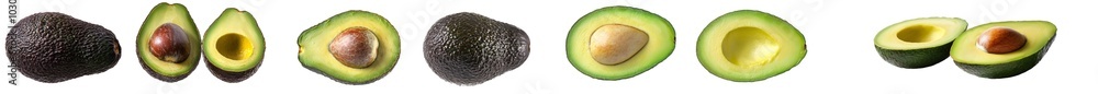 Poster The fruit of a ripe green avocado is clipped on a transparent background. Closeup photo for use in your designs, two variations available, one without shadow and one with.