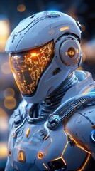 Fototapeta premium AI-controlled soldier in sleek battle suit, standing in front of glowing base, future military tech