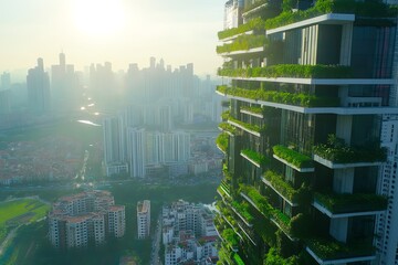 Obraz premium Aerial view of vibrant vertical farms thriving above a bustling cityscape, bright sunlight illuminating greenery, urban exploration below, harmony with nature and technology