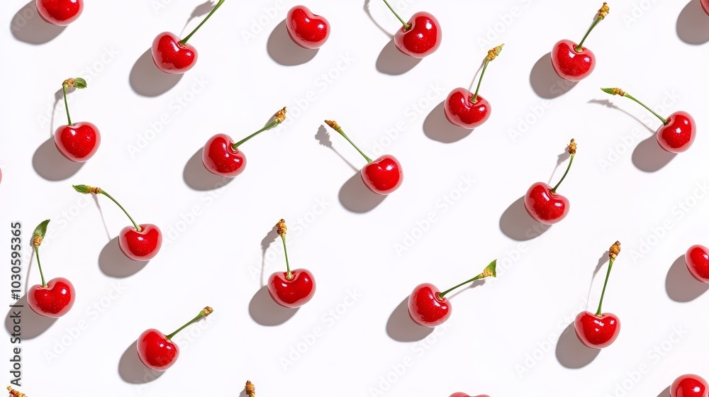 Poster fresh cherry berry pattern from flat view isolated on white background, summer fruit for refreshment