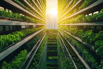 Aerial view of vibrant vertical farms thriving above a bustling cityscape, bright sunlight illuminating greenery, urban exploration below, harmony with nature and technology