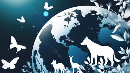 Vibrant wildlife conservation background featuring animals on a globe surrounded by butterflies and foliage for World Wildlife Day