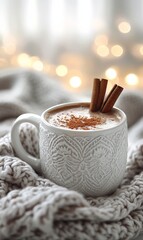 Cozy white mug filled with warm spiced drink and cinnamon sticks on a knitted blanket