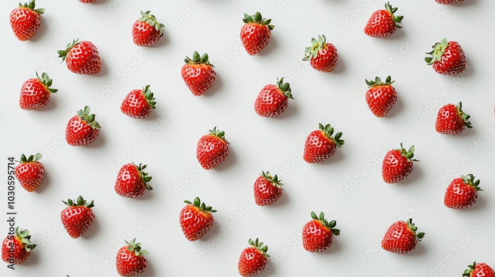 Poster the pattern of fresh red strawberries from the flat view is isolated on a white background, summer f