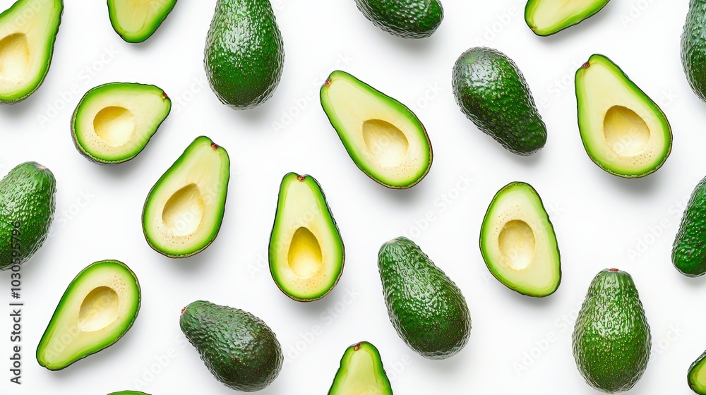 Poster platter view of avocado with half slices isolated on white background, a refreshing summer fruit loa