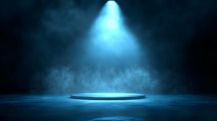 3D Render of a Circular Stage with a Spotlight Shining on it and a Foggy Blue Atmosphere