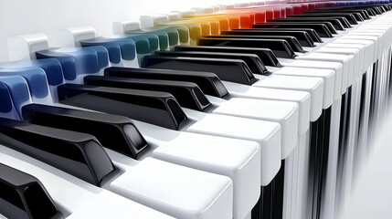 Abstract 3D Rendering of a Piano Keyboard with Rainbow Gradient, Black and White Keys, and a Shiny Glossy Finish