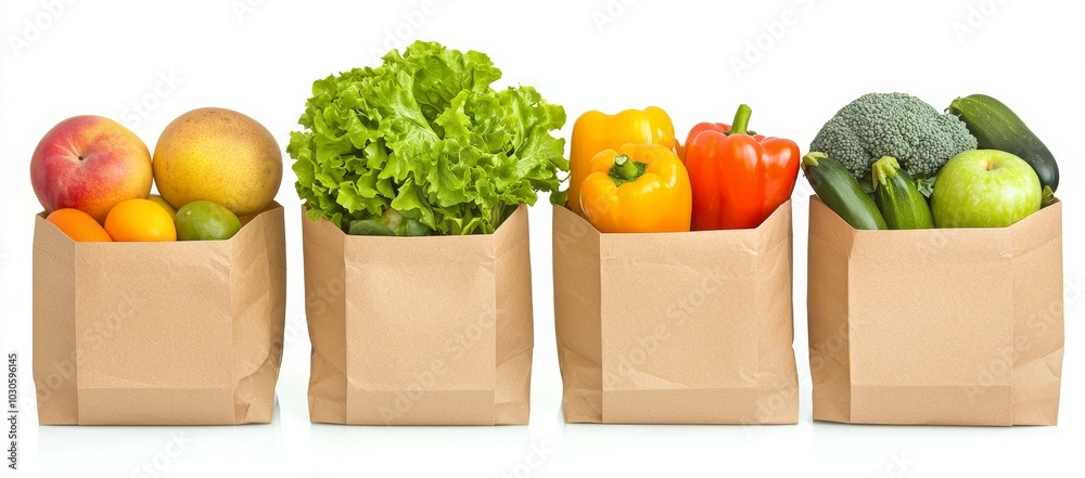 Poster A collection of grocery paper bags full of fresh fruits and vegetables isolated on a white background.