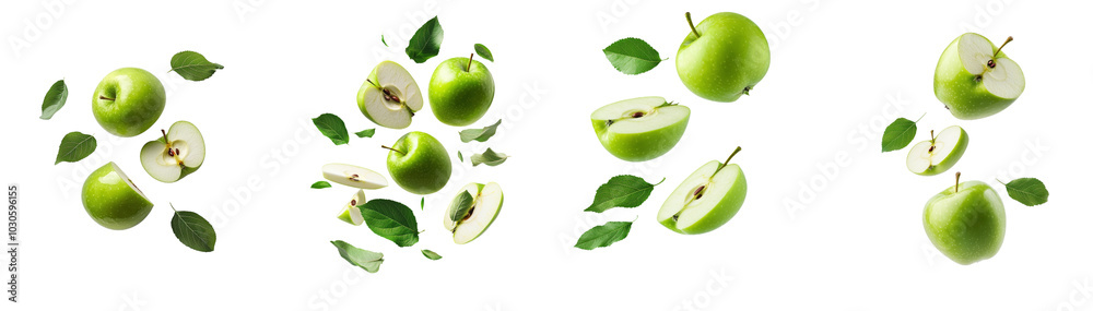 Poster An isolated image of ripe green apples. The image consists of halves and slices tasked with floating on a transparent background.