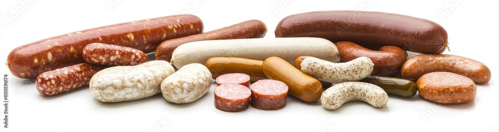 Poster cooked simmer pork sausages isolated on a background for an appetizer menu.