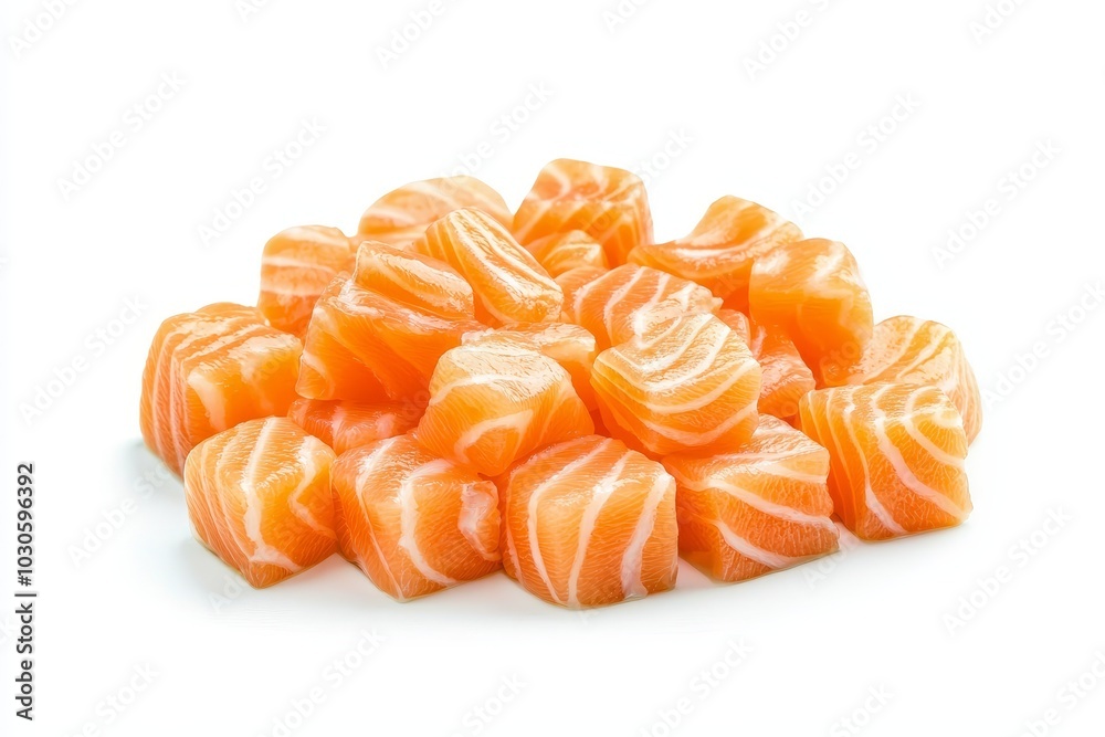 Poster a close up of a pile of salmon cubes isolated on a white background, a menu with salmon sashimi slic