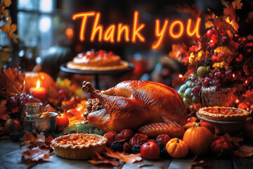 A vibrant fall-themed table with a turkey, pies, and cornucopia, with "Thank you" written in glowing autumn colors above the feast.