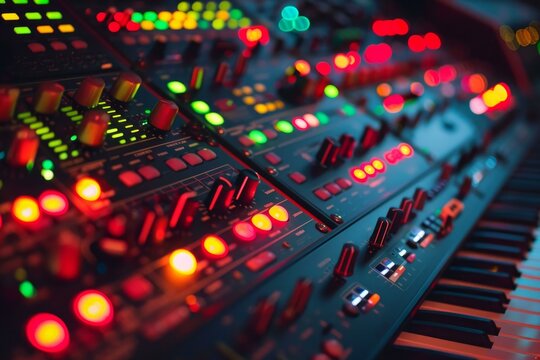 Professional audio mixer is illuminated with colorful lights, creating a vibrant and dynamic atmosphere in a music studio