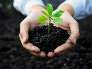 Hands holding small plant in soil