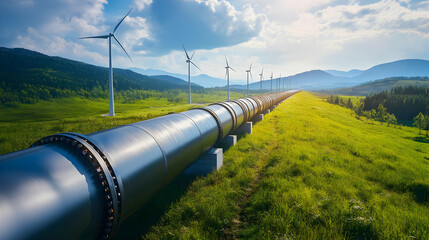 A large metal pipeline running through a grassy field with wind turbines in the background, a landscape of environmental sustainability and energy innovation