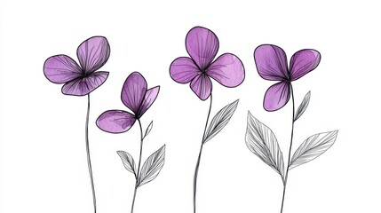 Naklejka premium A hand-drawn illustration of sweet violets, beautifully detailed with soft, delicate lines and purple tones,isolated against white background. Ideal for botanical, nature, and floral design themes.