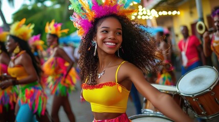 Woman drumming in colorful parade attire