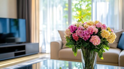 A bright living room featuring a colorful flower arrangement on a glass table.