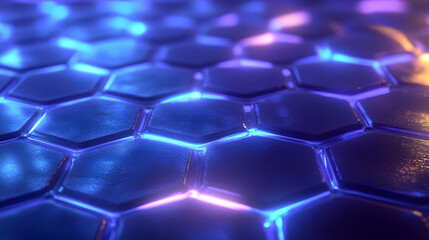 Obraz premium Abstract 3D Hexagon Pattern with Glowing Blue and Purple Lights, Futuristic Technology Background