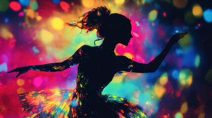 Holographic silhouette of a dancer illuminated with vibrant colors. 