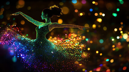 Holographic glittering silhouette of a dancer illuminated with vibrant colors, colorful bokeh background. 