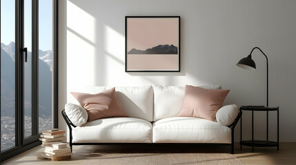 A White Sofa with Pink Pillows in a Modern Living Room with a Mountain View Illustration