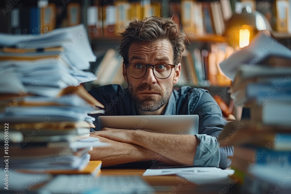 Aufkleber a small business owner appears worried at a desk filled with compliance documents and a laptop, emph