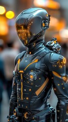 Naklejka premium Cybernetic warrior in a dystopian cityscape, advanced technology suit, sci-fi military