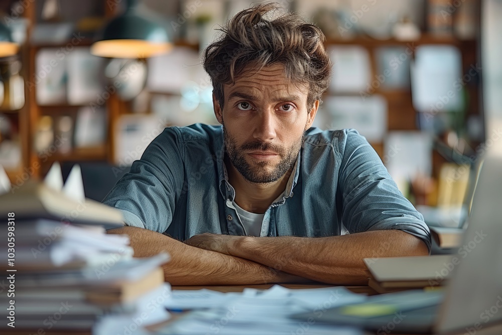 Poster A small business owner appears worried at a desk filled with compliance documents and a laptop, emphasizing the importance of adherence to regulations in a professional office setting.