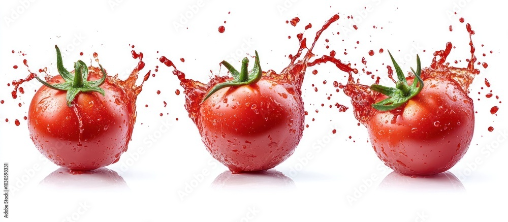 Sticker Three red tomatoes with juice splashes isolated on white background.