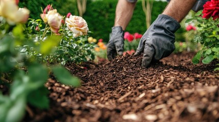 Gardener mulching summer garden with shredded wood mulch. Man puts sawdust and leaves around roses plants on flowerbed.
