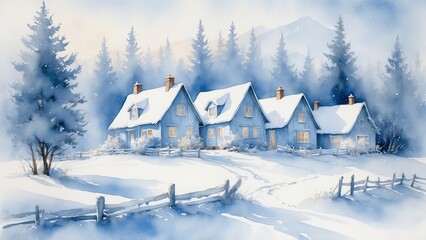 Fototapeta premium Watercolor Snowy Cottages in Soft Blue and White, Winter Wonderland Scene
