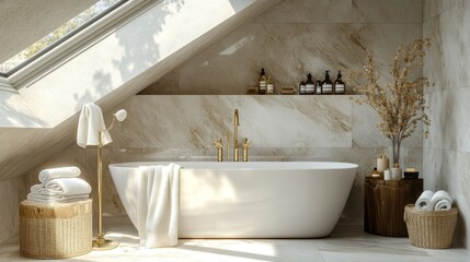 Modern bathroom interior design with freestanding bathtub, marble wall, wooden accents, and natural light