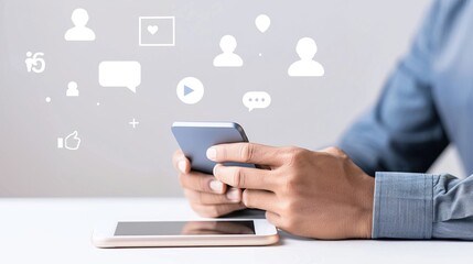 Hands using smartphone with social media icons floating above a tablet on a desk