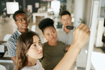 Presentation, group and business people writing on whiteboard for planning, learning or coaching. Manager, board and brainstorming solution, strategy or project development in creative startup office