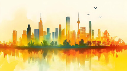 Fototapeta premium Watercolor Skyline Illustration of a City with Tall Buildings Reflected in a Calm Water Body