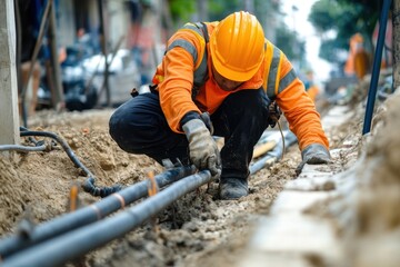 Fototapeta premium A construction worker installing underground electrical cables, highlighting the critical infrastructure needed for power distribution and urban development in modern cities