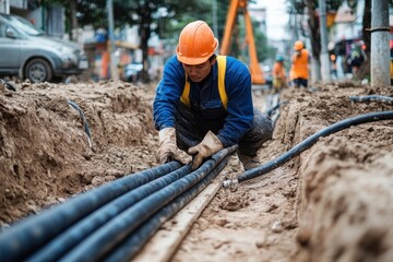 A construction worker installing underground electrical cables, highlighting the critical infrastructure needed for power distribution and urban development in modern cities.