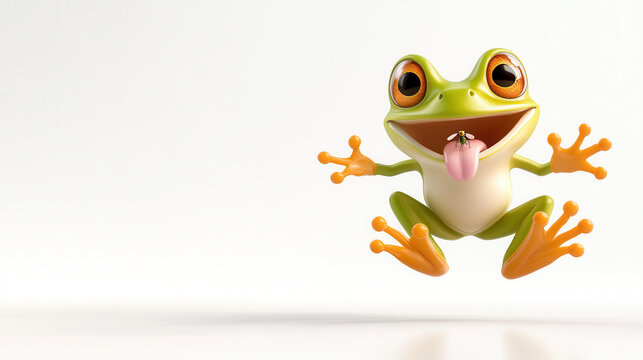 Jumping frog with playful expression, tongue out, ready to catch fly. This cartoon style frog embodies joy and energy in vibrant, animated design