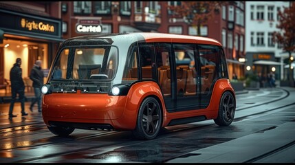 Fototapeta premium A red electric vehicle with square front headlights and large glass windows on the roof, resembling a passenger bus.