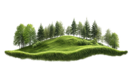 Green hill with trees, white isolate background. PNG