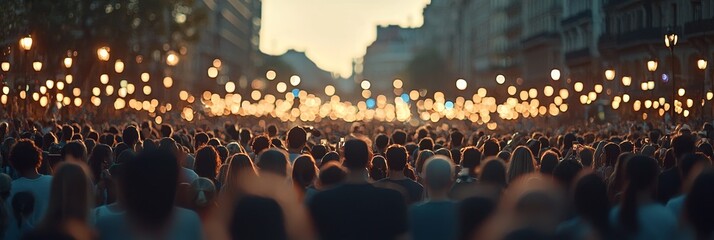 Thousands fill the scene at an outdoor festival, decorated with colorful lights and decorations, reflecting the energy and community of the gathering.