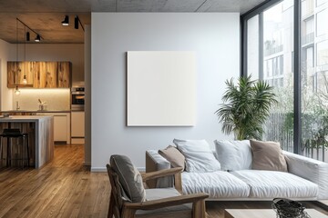 Modern Loft Living Room Interior Design with White Sofa and Blank Canvas Mockup
