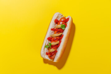 A vibrant photo showcasing a classic hot dog